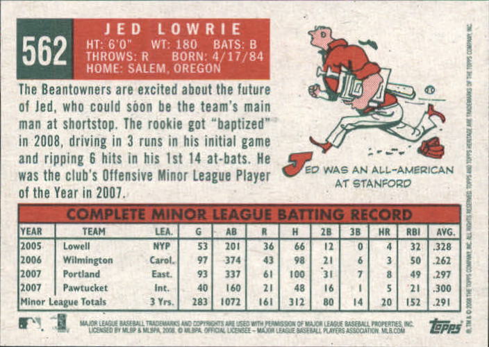 2008 Topps Heritage #562 Jed Lowrie (RC) back image