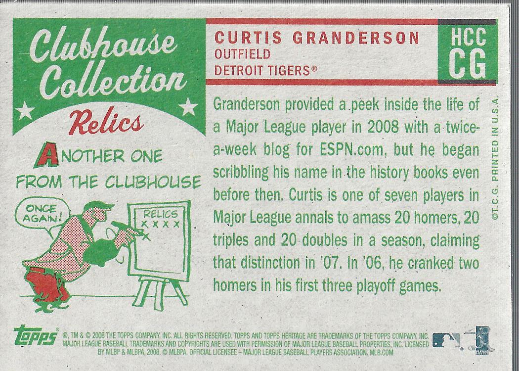 2008 Topps Heritage Clubhouse Collection Relics #CG Curtis Granderson HN C back image