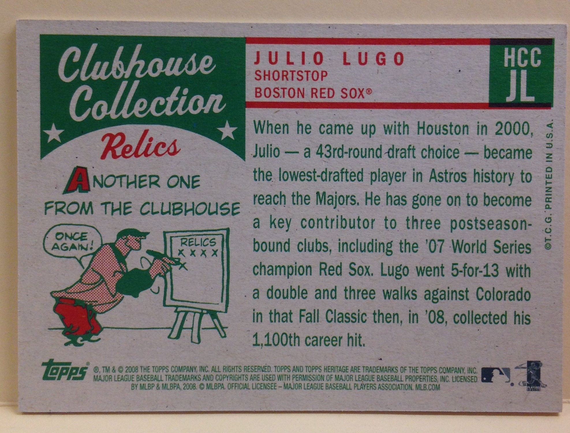 2008 Topps Heritage Clubhouse Collection Relics #JL Julio Lugo HN C back image