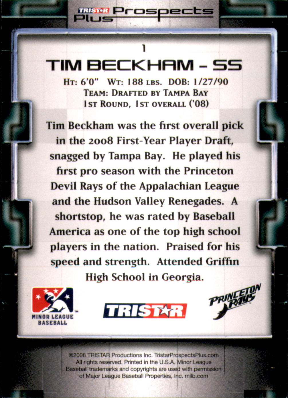 2008 TRISTAR Prospects Plus Green #1 Tim Beckham back image