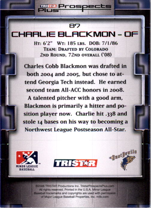 2008 TRISTAR Prospects Plus Green #87 Charlie Blackmon back image