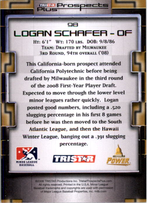2008 TRISTAR Prospects Plus Green #98 Logan Schafer back image