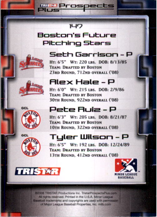 2008 TRISTAR Prospects Plus Green #147 Pete Ruiz/Tyler Wilson/Seth Garrison/Alex Hale back image