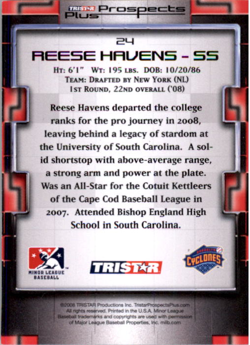 2008 TRISTAR Prospects Plus Yellow #24 Reese Havens back image