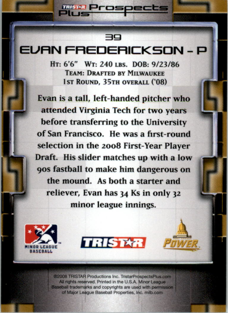 2008 TRISTAR Prospects Plus Yellow #39 Evan Frederickson back image