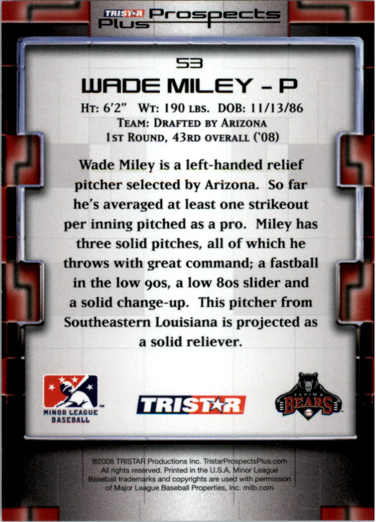 2008 TRISTAR Prospects Plus Yellow #53 Wade Miley back image