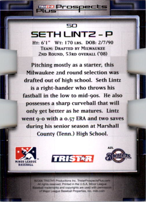 2008 TRISTAR Prospects Plus PROminent Die Cut Green #50 Seth Lintz back image