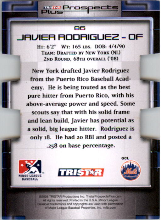 2008 TRISTAR Prospects Plus PROminent Die Cut Green #86 Javier Rodriguez back image