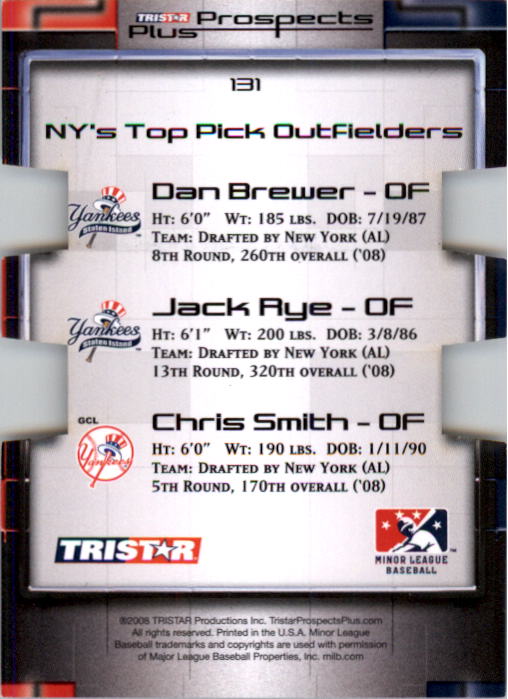 2008 TRISTAR Prospects Plus PROminent Die Cut Green #131 Chris Smith/Dan Brewer/Jack Rye back image