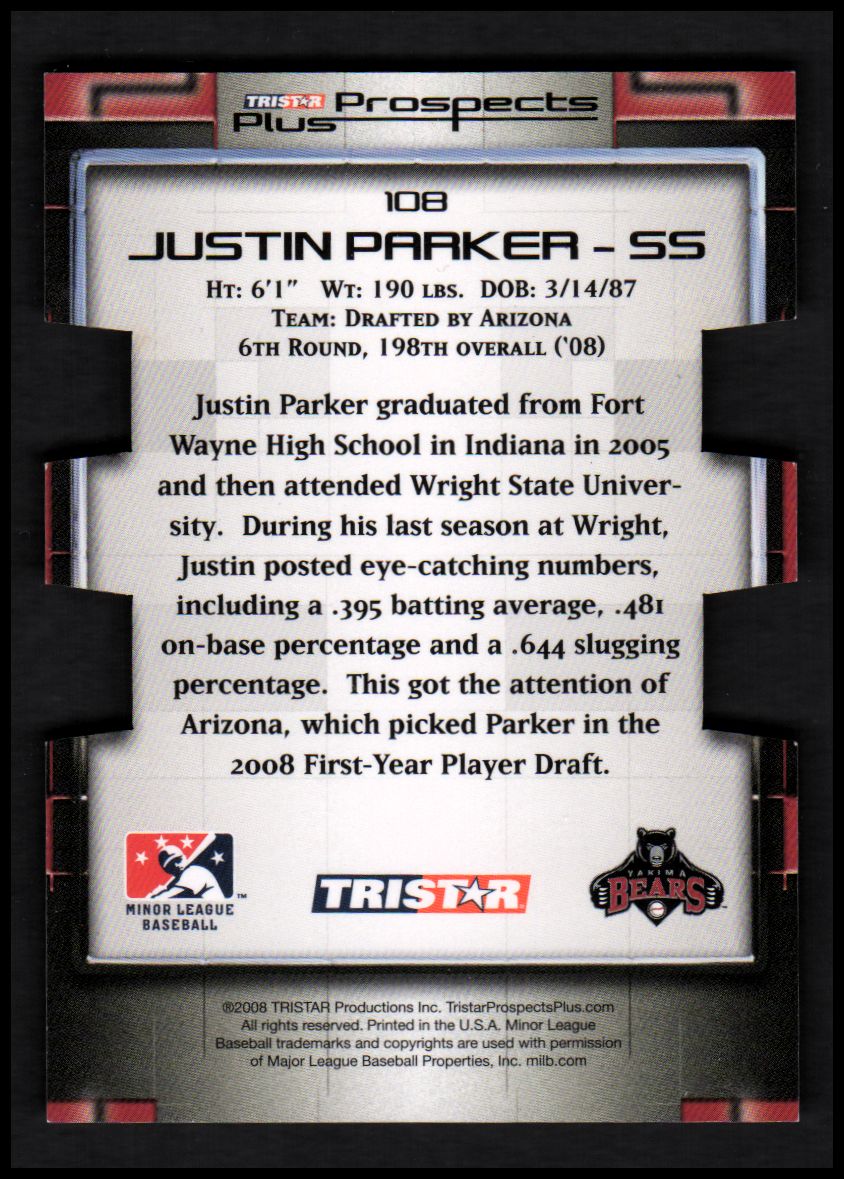 2008 TRISTAR Prospects Plus PROminent Die Cut Orange #108 Justin Parker back image