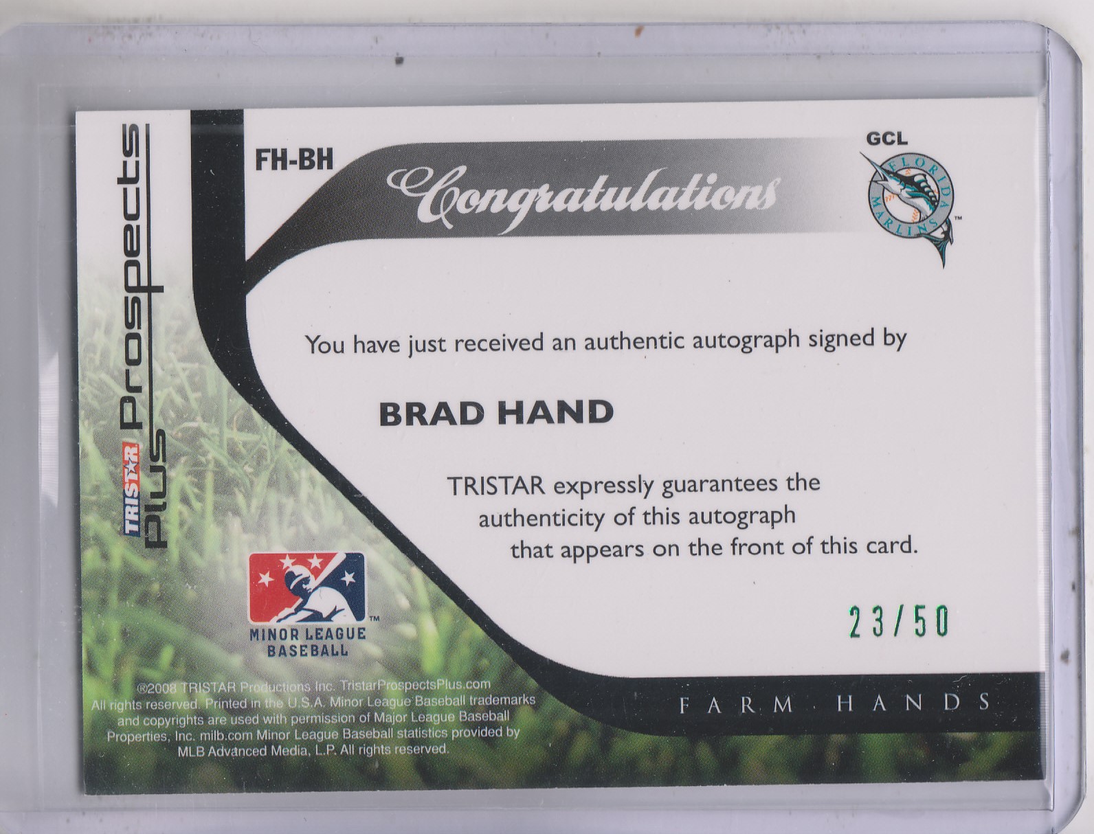 2008 TRISTAR Prospects Plus Farm Hands Autographs Green #FHBH Brad Hand back image