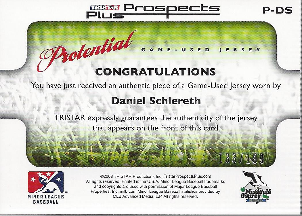 2008 TRISTAR Prospects Plus PROtential Game Used #PDS Daniel Schlereth back image