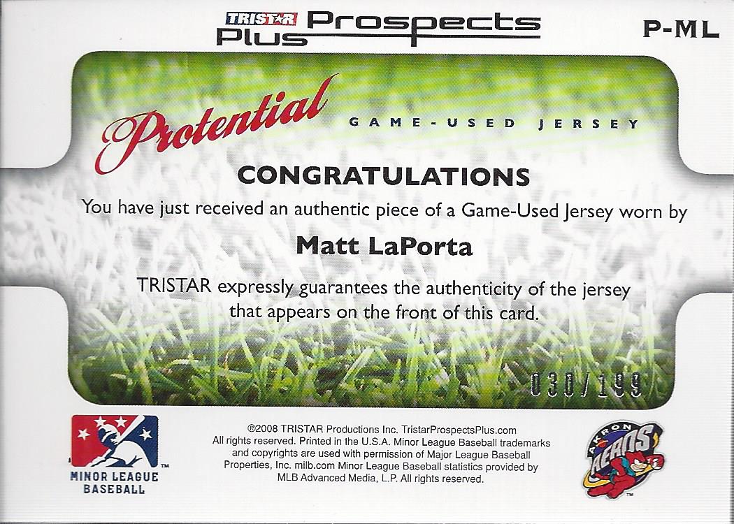 2008 TRISTAR Prospects Plus PROtential Game Used #PML Matt LaPorta back image
