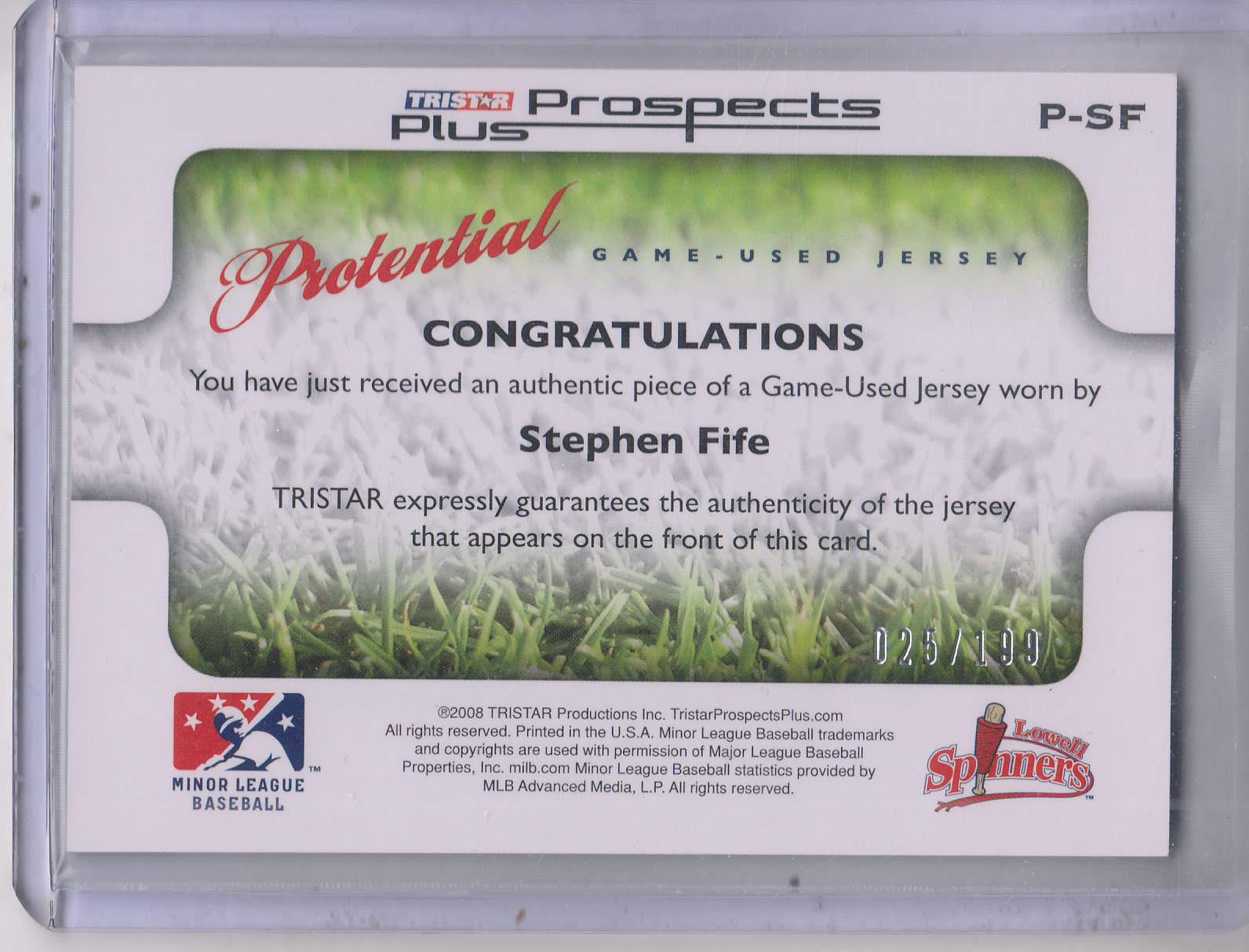 2008 TRISTAR Prospects Plus PROtential Game Used #PSF Stephen Fife back image