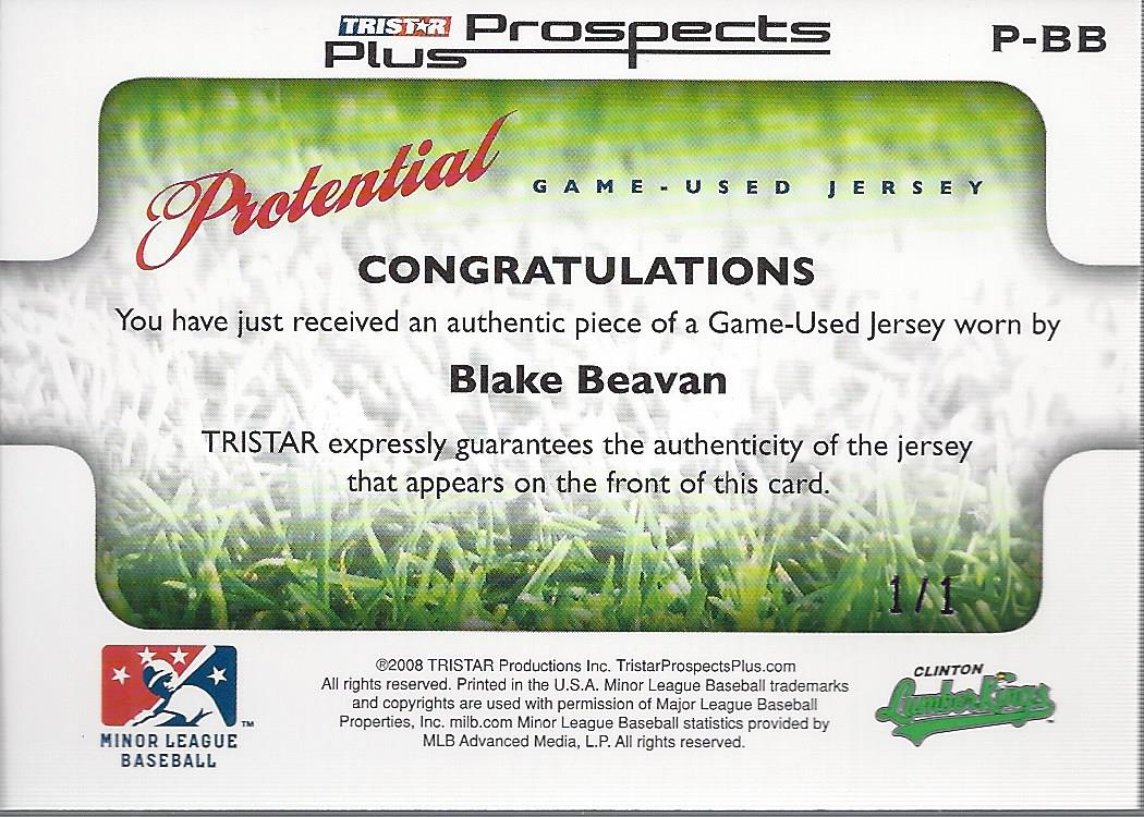 2008 TRISTAR Prospects Plus PROtential Game Used Purple #PBB Blake Beavan back image