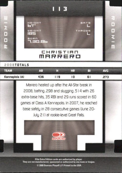2008 Donruss Elite Extra Edition Aspirations #113 Christian Marrero back image
