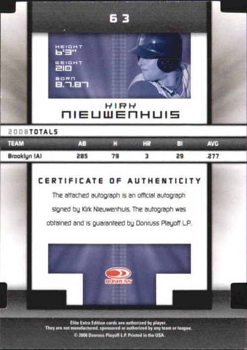 2008 Donruss Elite Extra Edition Signature Aspirations #63 Kirk Nieuwenhuis/100 back image