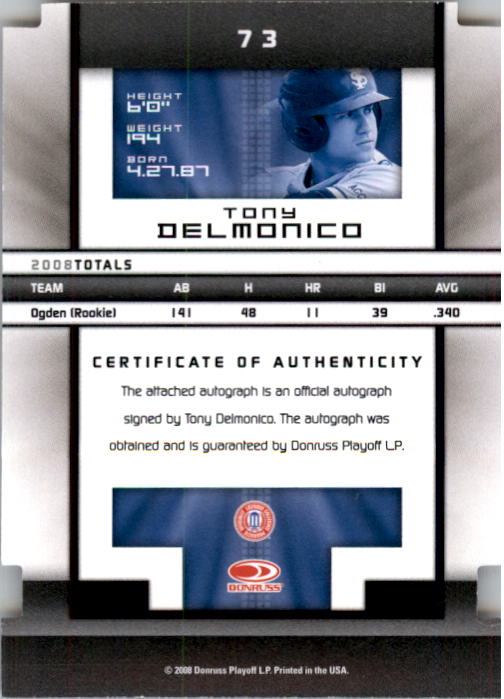 2008 Donruss Elite Extra Edition Signature Aspirations #73 Tony Delmonico/50 back image