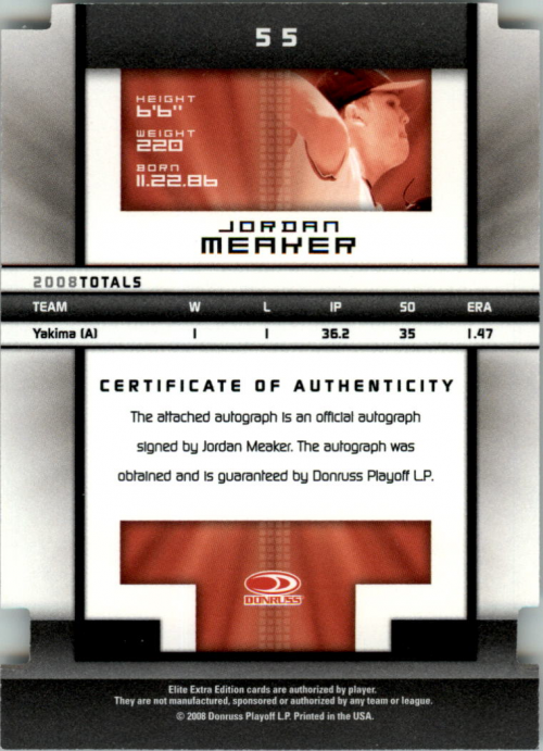 2008 Donruss Elite Extra Edition Signature Status #55 Jordan Meaker/50 back image