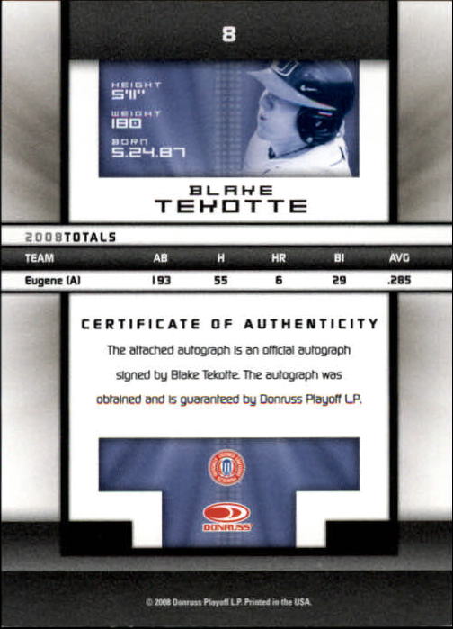 2008 Donruss Elite Extra Edition Signature Turn of the Century #8 Blake Tekotte/194 back image