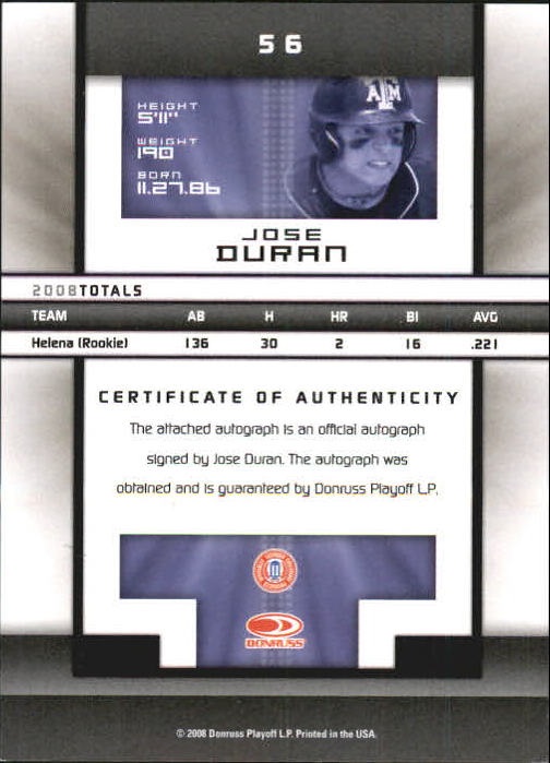 2008 Donruss Elite Extra Edition Signature Turn of the Century #56 Jose Duran/262