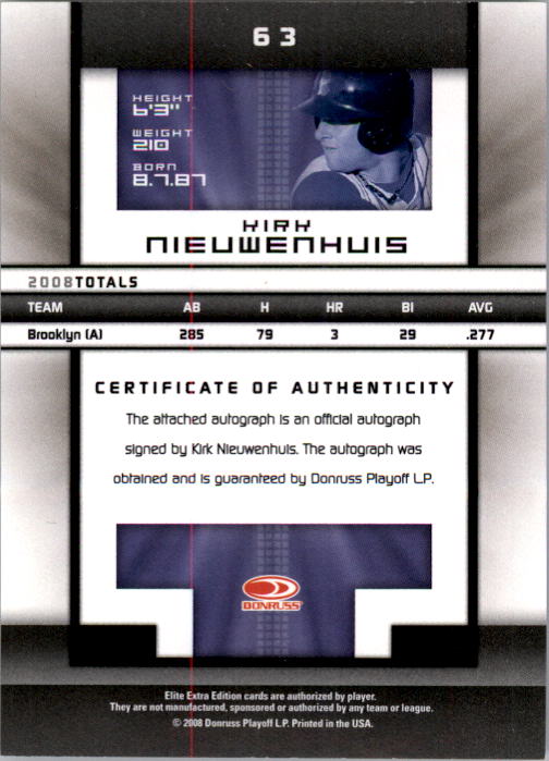 2008 Donruss Elite Extra Edition Signature Turn of the Century #63 Kirk Nieuwenhuis/844 back image