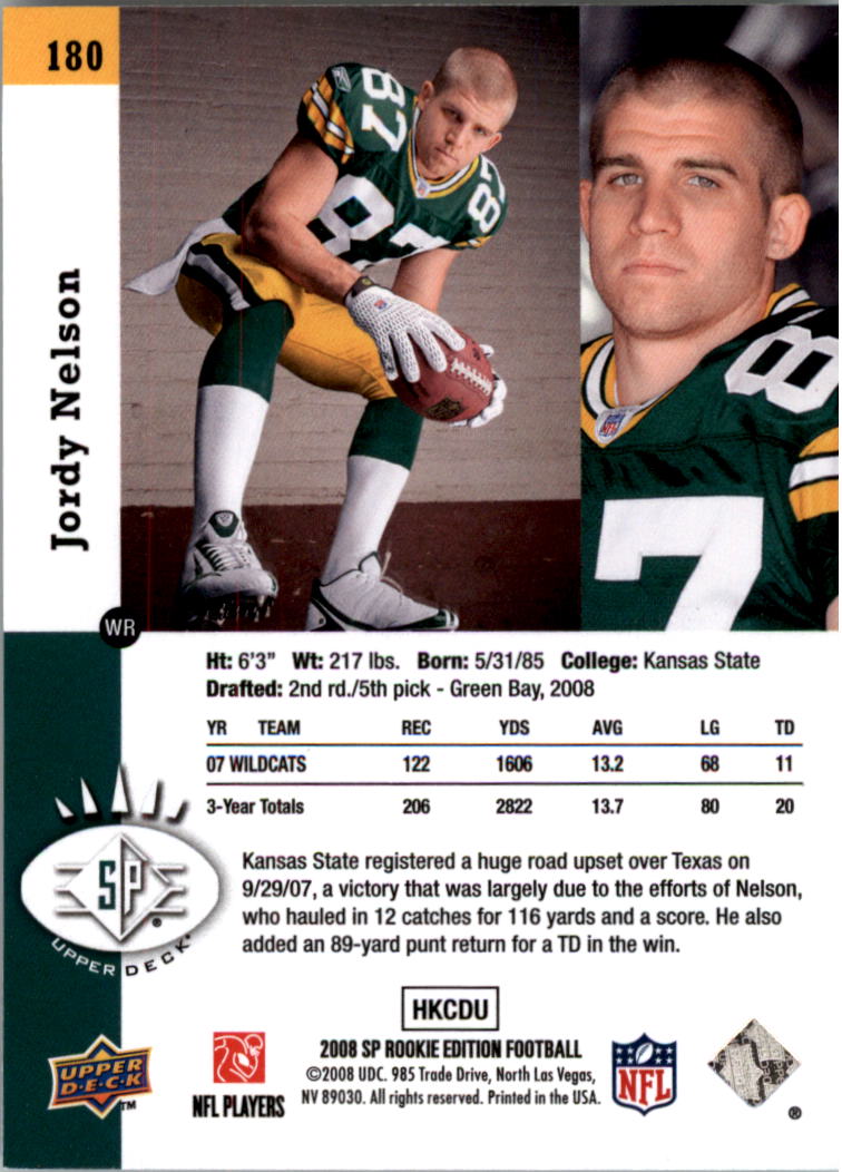 2008 SP Rookie Edition #180 Jordy Nelson 93 back image