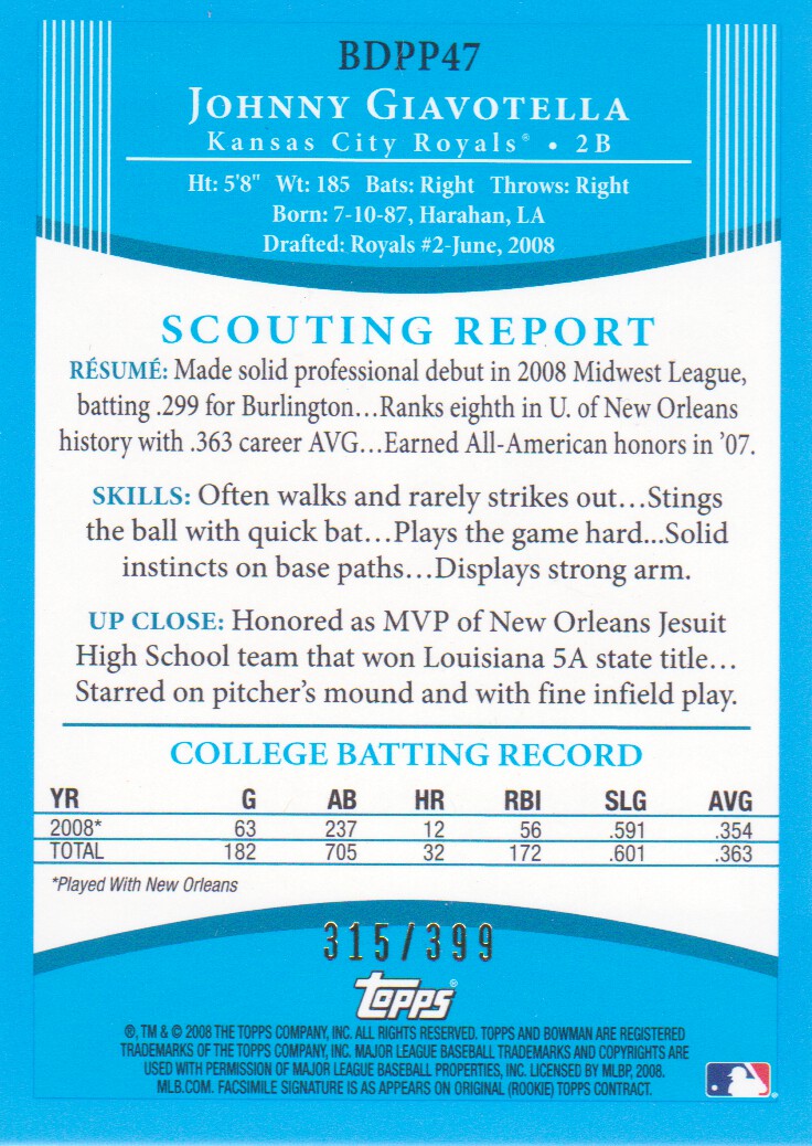 2008 Bowman Draft Prospects Blue #BDPP47 Johnny Giavotella DP back image
