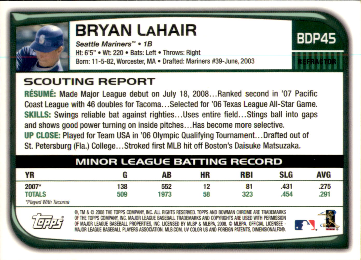 2008 Bowman Chrome Draft Refractors #BDP45 Bryan LaHair back image