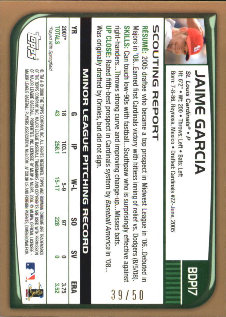 2008 Bowman Chrome Draft Gold Refractors #BDP17 Jaime Garcia