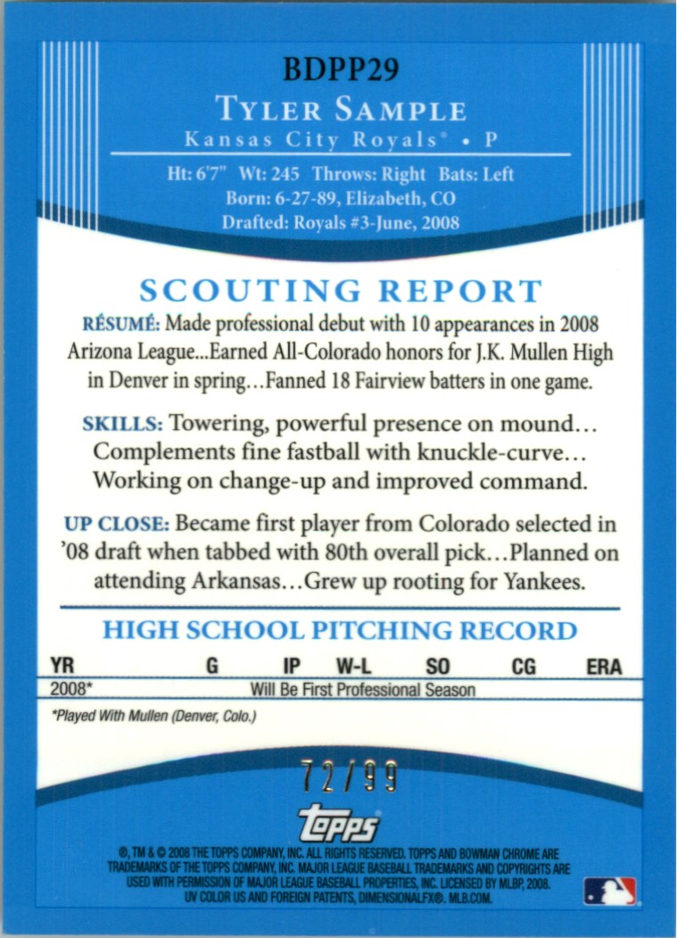 2008 Bowman Chrome Draft Prospects Blue Refractors #BDPP29 Tyler Sample DP back image