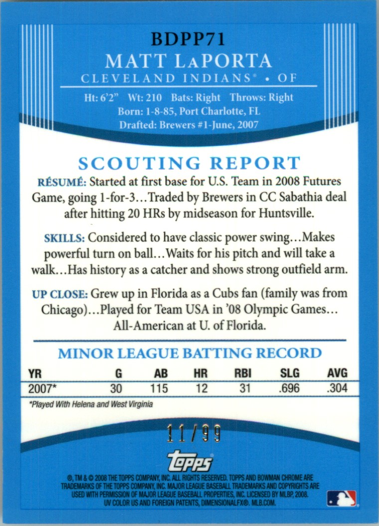 2008 Bowman Chrome Draft Prospects Blue Refractors #BDPP71 Matt LaPorta FG