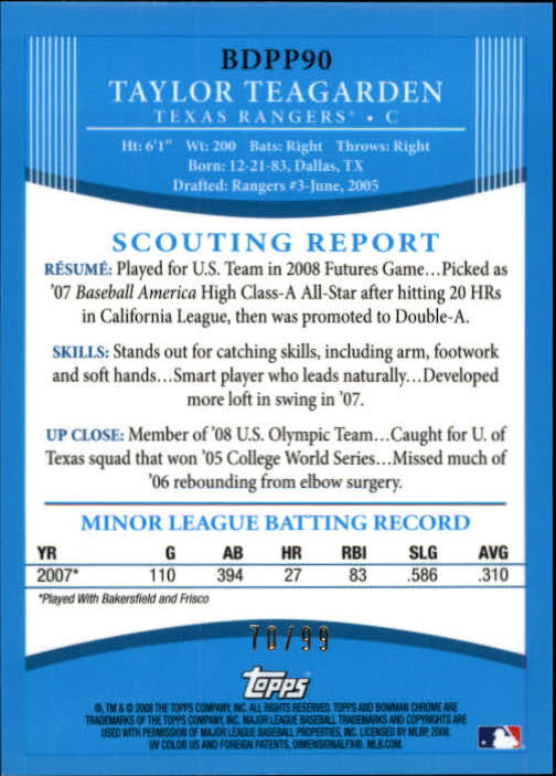2008 Bowman Chrome Draft Prospects Blue Refractors #BDPP90 Taylor Teagarden FG