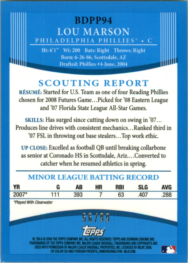 2008 Bowman Chrome Draft Prospects Blue Refractors #BDPP94 Lou Marson  FG