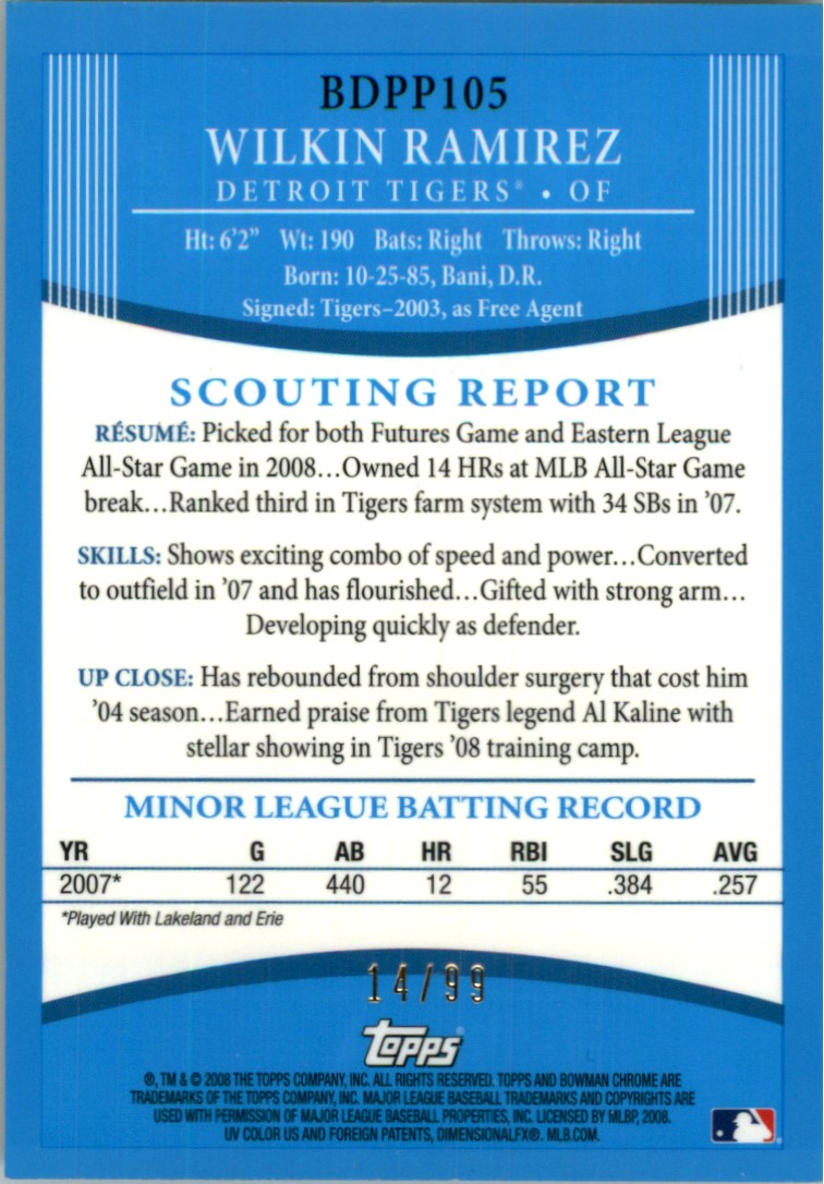 2008 Bowman Chrome Draft Prospects Blue Refractors #BDPP105 Wilkin Ramirez FG