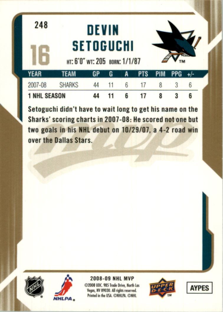 2008-09 Upper Deck MVP Gold Script #248 Devin Setoguchi back image