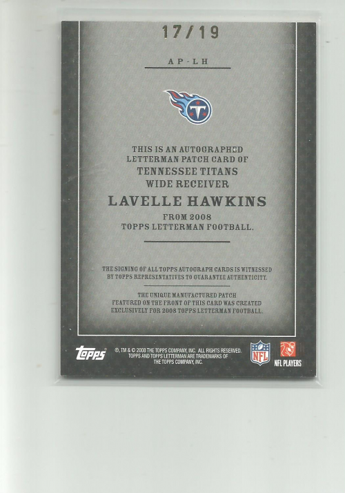 2008 Topps Letterman Patches Autograph #APLH Lavelle Hawkins/245* back image