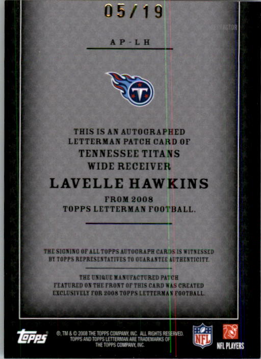 2008 Topps Letterman Patches Autograph Refractors #APLH Lavelle Hawkins/133* back image