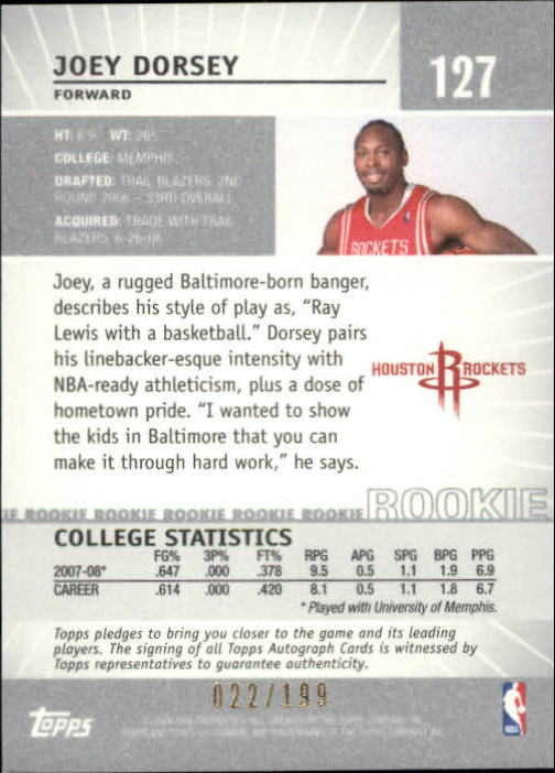 2008-09 Topps Co-Signers Silver #127 Joey Dorsey back image