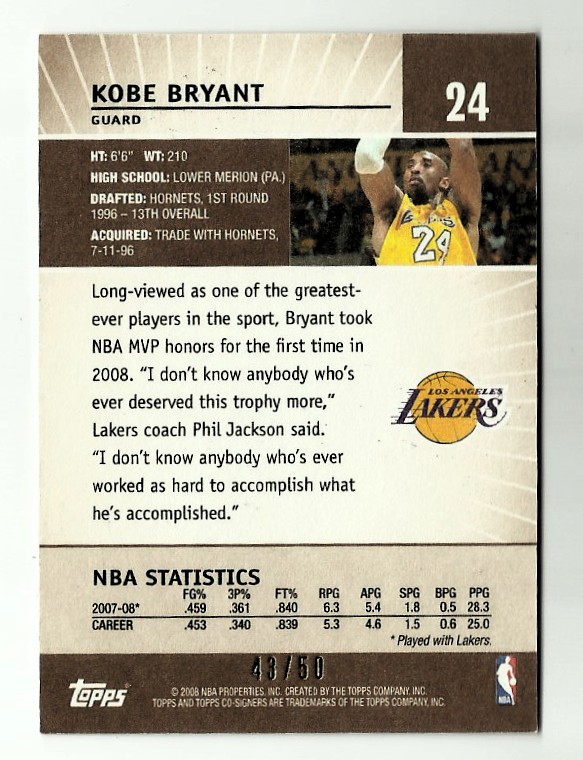 2008-09 Topps Co-Signers Hyper Bronze #24 Kobe Bryant back image