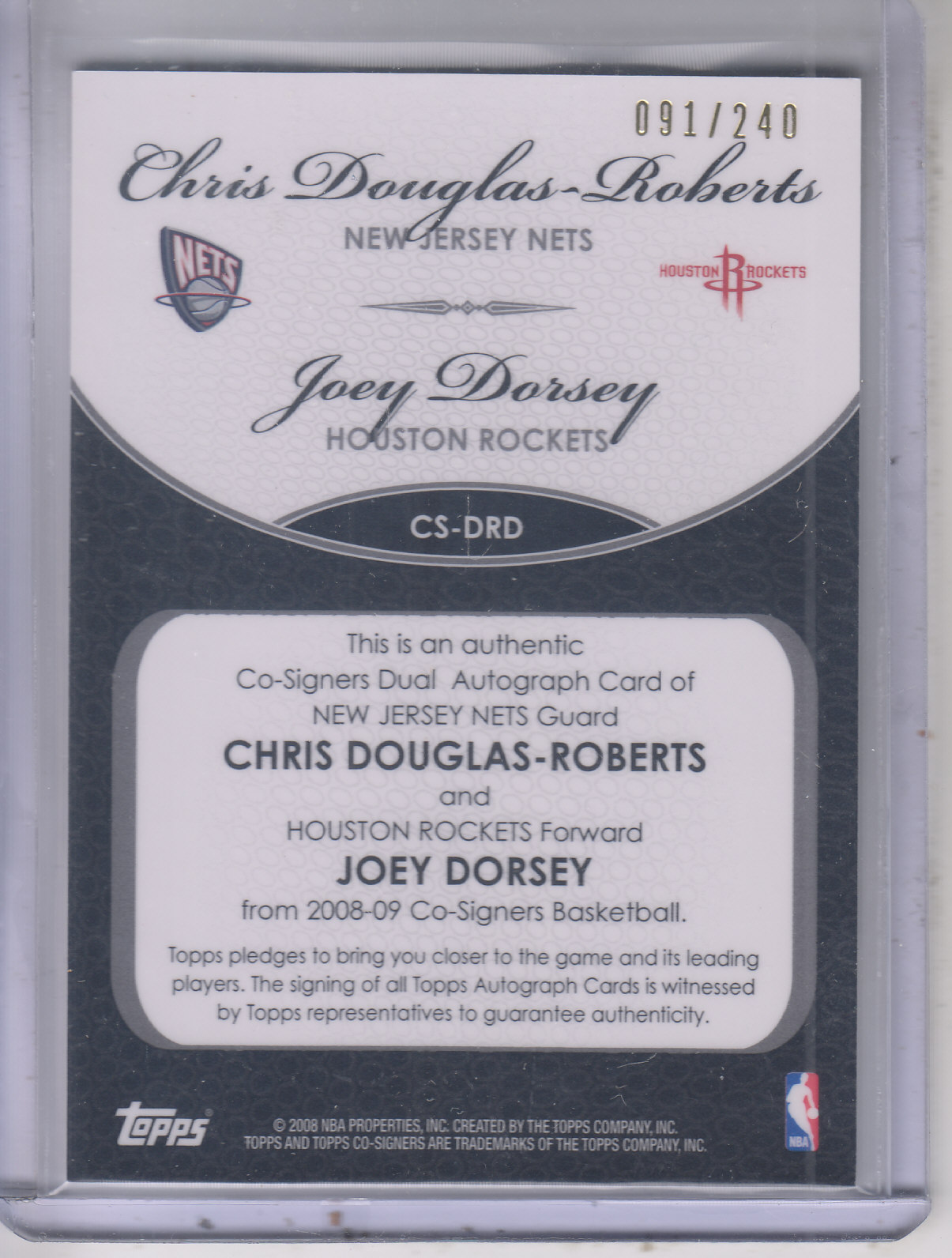 2008-09 Topps Co-Signers Dual Autographs #CSDRD Chris Douglas-Roberts/Joey Dorsey C back image