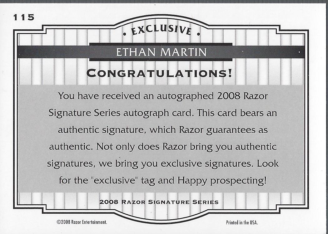2008 Razor Signature Series Black #115 Ethan Martin AU back image