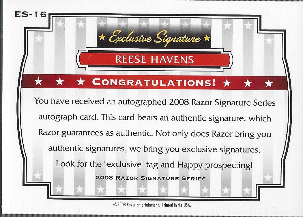2008 Razor Signature Series Exclusives Autographs #ES16 Reese Havens back image