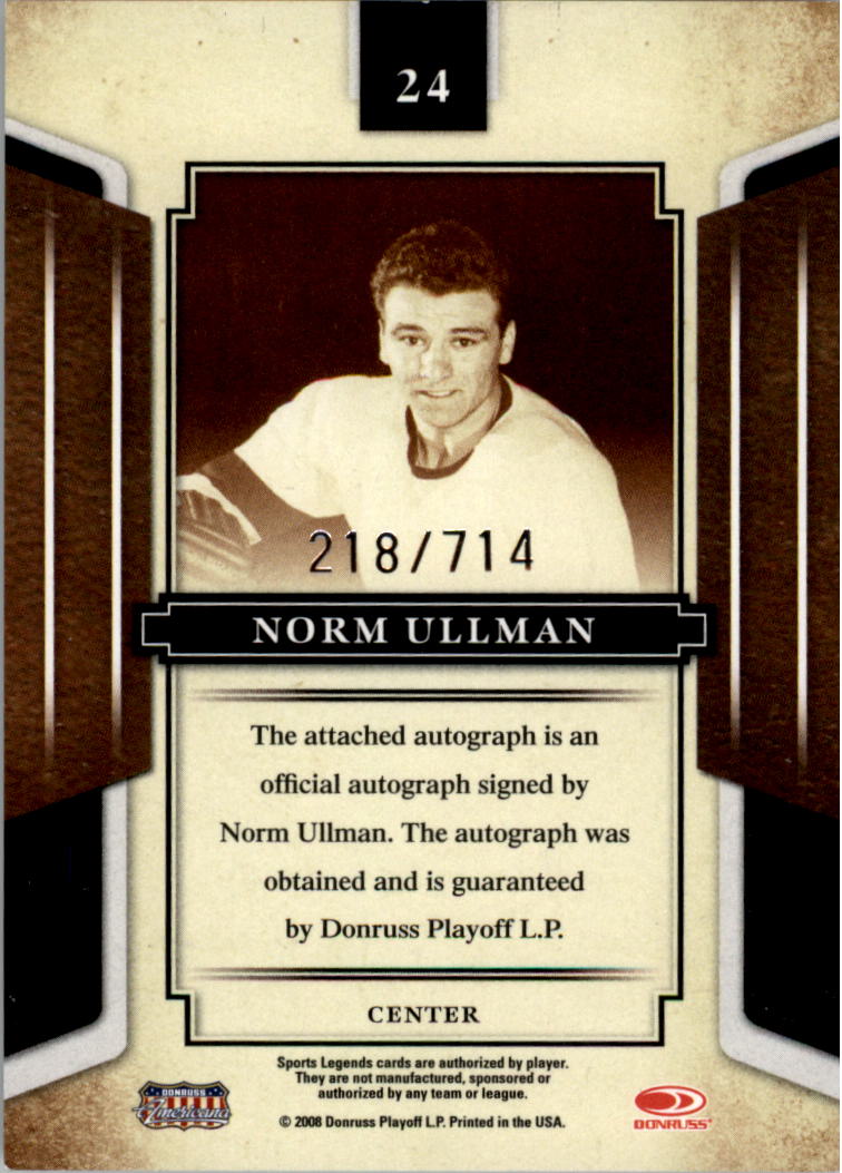 2008 Donruss Sports Legends Signatures Mirror Red #24 Norm Ullman/714 back image