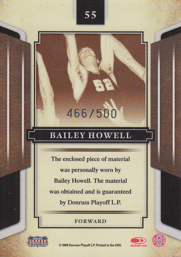 2008 Donruss Sports Legends Materials Mirror Red #55 Bailey Howell Jsy/500 back image