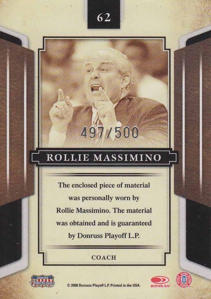 2008 Donruss Sports Legends Materials Mirror Red #62 Rollie Massimino Shirt/500 back image