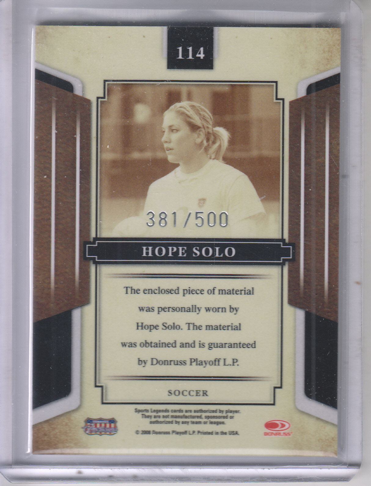 2008 Donruss Sports Legends Materials Mirror Red #114 Hope Solo Shirt/500 back image
