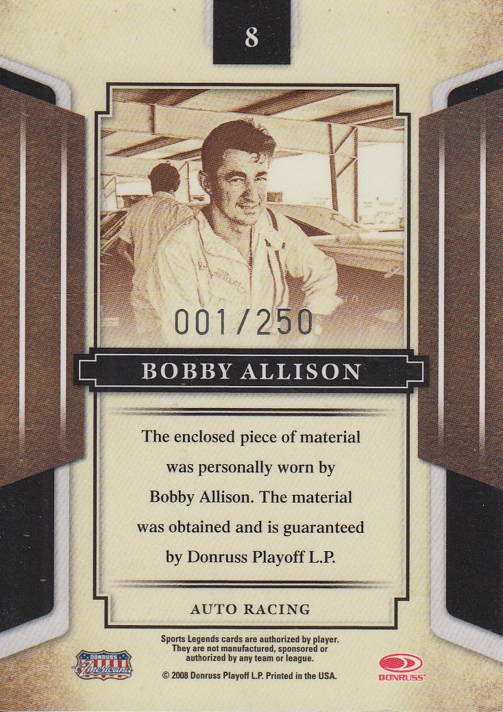 2008 Donruss Sports Legends Materials Mirror Blue #8 Bobby Allison Jeans/250 back image