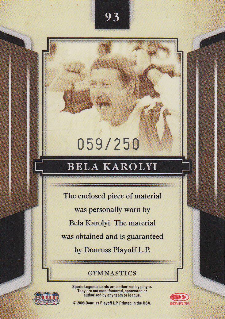 2008 Donruss Sports Legends Materials Mirror Blue #93 Bela Karolyi Shirt/250 back image