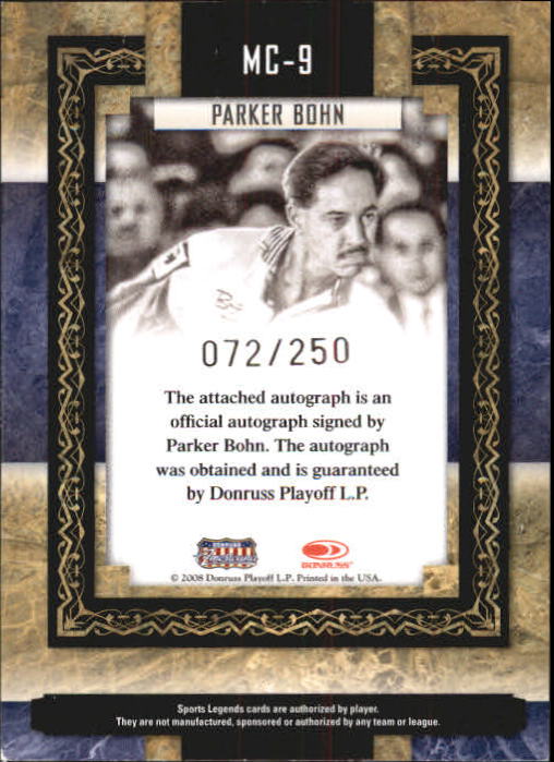 2008 Donruss Sports Legends Museum Collection Signatures #9 Parker Bohn/250 back image